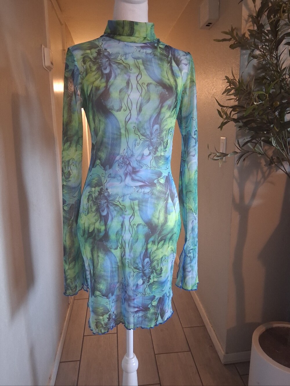 Mesh Sheer Long Sleeve Dress Green/ Blue Stretchy Witchy Fairy Whimsygoth SzM(6)